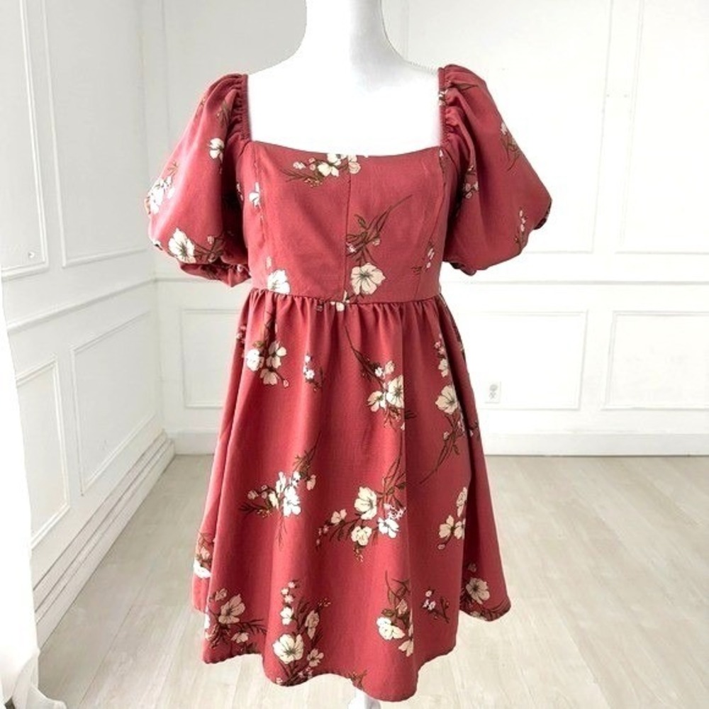 RED HEART Mauve Burgundy Floral Puff Sleeve Mini Dress XL Autumn Cottagecore